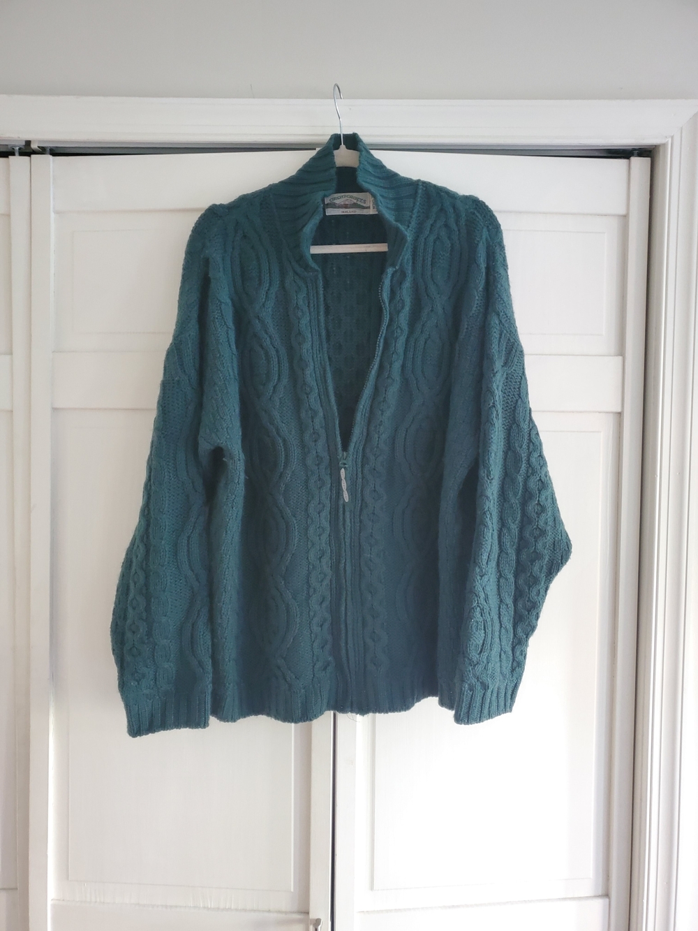 Vintage Aran Crafts Green Cable Knit Zip Cardigan 100% Merino Wool